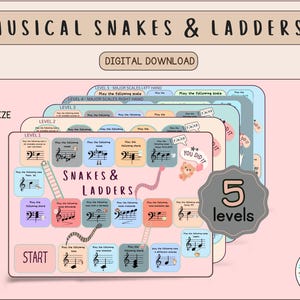 Op de afbeelding: Een kleurrijk, printbaar bordspel om muziek te leren. Het spel heet "Musical Snakes & Ladders" en heeft vijf niveaus. Het bordspel bevat muzieknoten en een slang-en-ladderontwerp. Het spel is ontworpen voor A4- of US letterformaat papier.
