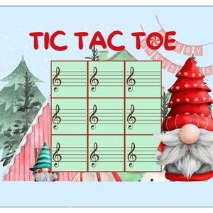 Pu&ograve; includere: Un gioco di tris a tema natalizio con un tabellone verde e bianco e un gnomo rosso e bianco sul lato destro. Il tabellone ha nove caselle con chiavi di violino in ogni casella. Le parole "TIC TAC TOE" sono scritte in rosso nella parte superiore del tabellone.