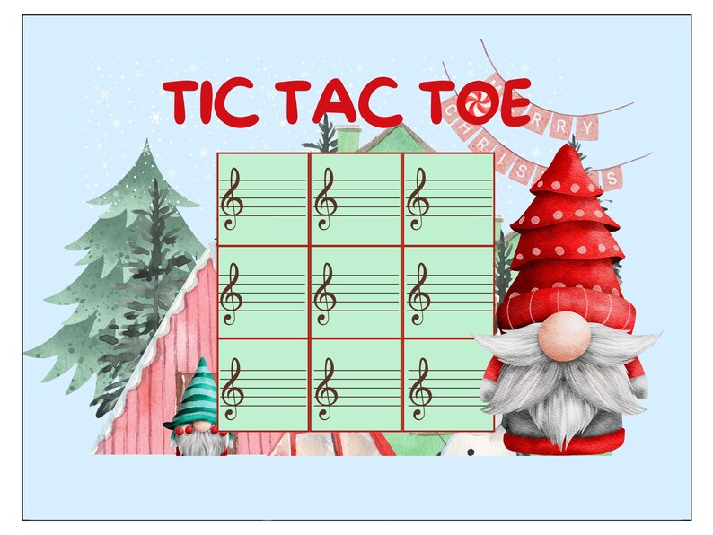Pu&ograve; includere: Un gioco di tris a tema natalizio con un tabellone verde e bianco e un gnomo rosso e bianco sul lato destro. Il tabellone ha nove caselle con chiavi di violino in ogni casella. Le parole "TIC TAC TOE" sono scritte in rosso nella parte superiore del tabellone.