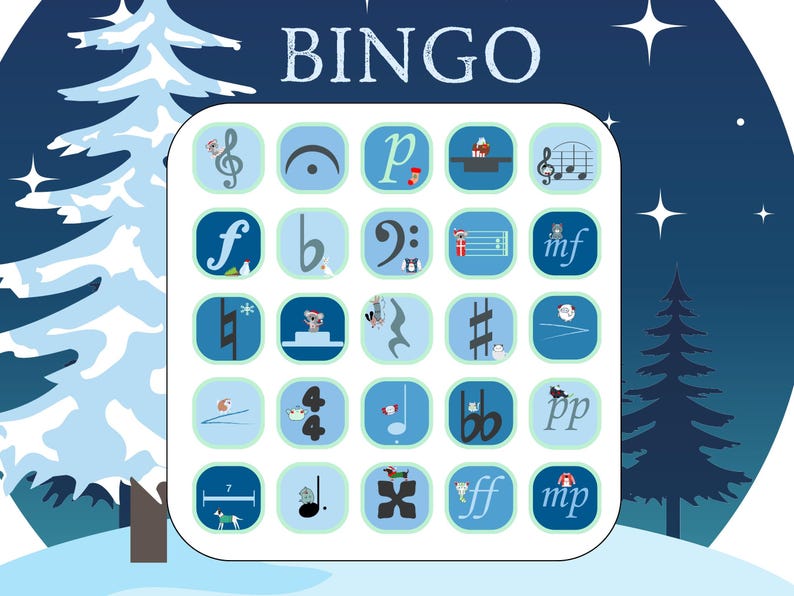 Pu&ograve; includere: Una scheda di bingo blu e bianca con simboli e note musicali. La scheda &egrave; posizionata su uno sfondo invernale innevato con due pini.