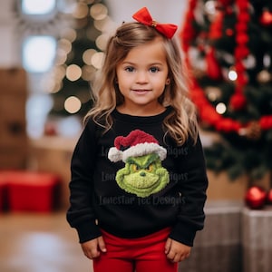 Kids FAUX Knitted Grinch Face Sweatshirt Christmas Kids Shirt Grinchmas Graphic Tee Holiday Tee Christmas Infant Clothing Grinch Tee