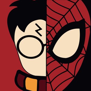 May include: A split-face graphic featuring Harry Potter on the left and Spider-Man on the right. Harry Potter's side is set against a red background, with his glasses and lightning bolt scar visible. Spider-Man's side is red and black.