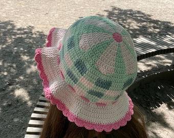 Bloem emmer hoed haak PDF patroon geschulpte rand Retro pastel Bow Cottagecore op maat gemaakt voor beginners vriendelijke schattige ruches Festival