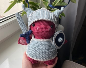 Dragon Knight | PDF Crochet Amigurumi Pattern | Fantasy Plushie with Removable Accessories: Helmet (with Visor), Sword, Breast Plate, Shield