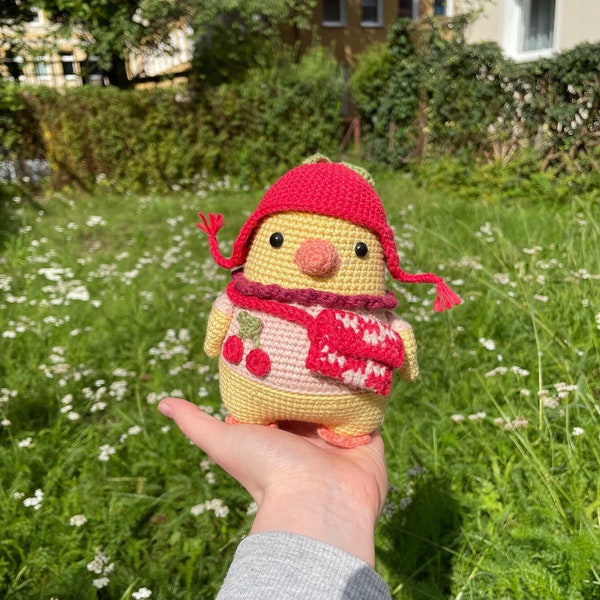 Cherry Chick/Chicken Cute Animal Amigurumi Crochet Pattern with Removable Accessories Earflaps Hat Checkered Bag Appliqué