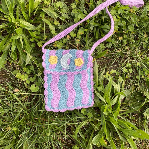 Ripple Crossbody/Belt Mini Bag, PDF Crochet Pattern, Moon and Star Appliqués, Removable Strap, Witchy, Small, Shoulder, Cell Phone Purse