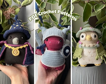 Cuervo Mago, Caballero Dragón y Búho Brujo / Paquete de patrones Amigurumi de ganchillo PDF 3 en 1 / Lindo peluche de fantasía con accesorios extraíbles