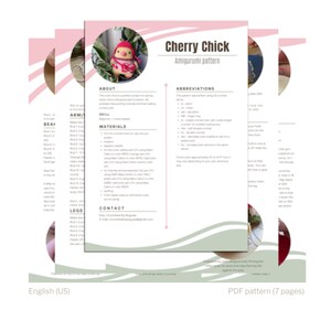 May include: A PDF pattern for crocheting a cherry chick amigurumi toy. The pattern includes instructions, materials list, and abbreviations. The cover features a close-up of the finished amigurumi toy.