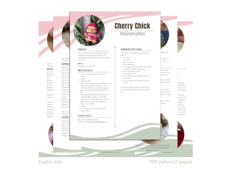May include: A PDF pattern for crocheting a cherry chick amigurumi toy. The pattern includes instructions, materials list, and abbreviations. The cover features a close-up of the finished amigurumi toy.