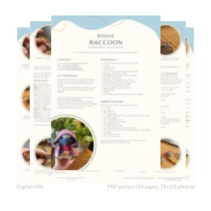 May include: A stack of three PDF pattern pages with the text "ROGUE RACCOON" and "English (US)". The pattern includes 34 pages and 75+115 photos. The pages have a light blue and white design.