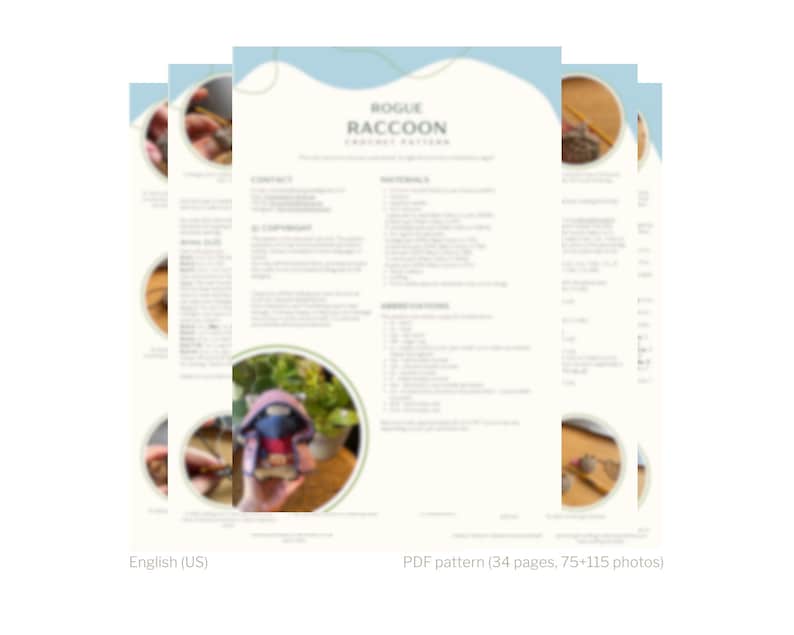May include: A stack of three PDF pattern pages with the text "ROGUE RACCOON" and "English (US)". The pattern includes 34 pages and 75+115 photos. The pages have a light blue and white design.
