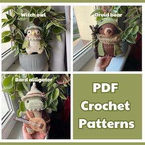 May include: PDF crochet patterns for a witch owl, druid bear, and bard alligator. The patterns are shown with the finished crocheted toys.