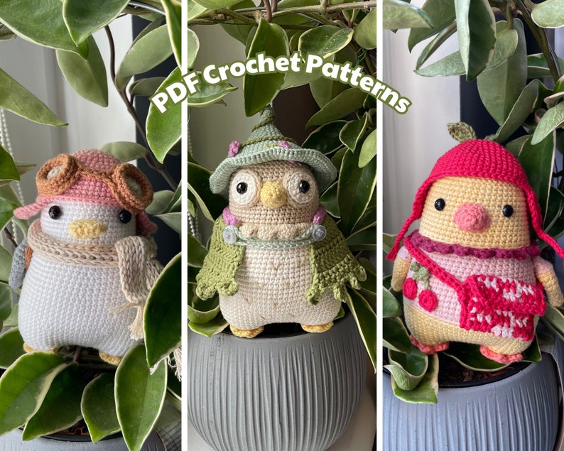May include: Three crocheted amigurumi animal toys: a pink and brown penguin wearing a scarf and goggles, a green and brown owl wearing a hat and scarf, and a red and yellow chick wearing a red hat and a red and white scarf.  PDF Crochet Patterns.
