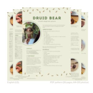 May include: A stack of cream-colored PDF pattern pages with the title "DRUID BEAR" in green text. The pattern includes instructions and photos for a crochet project. The text "English (US)" is at the bottom left.