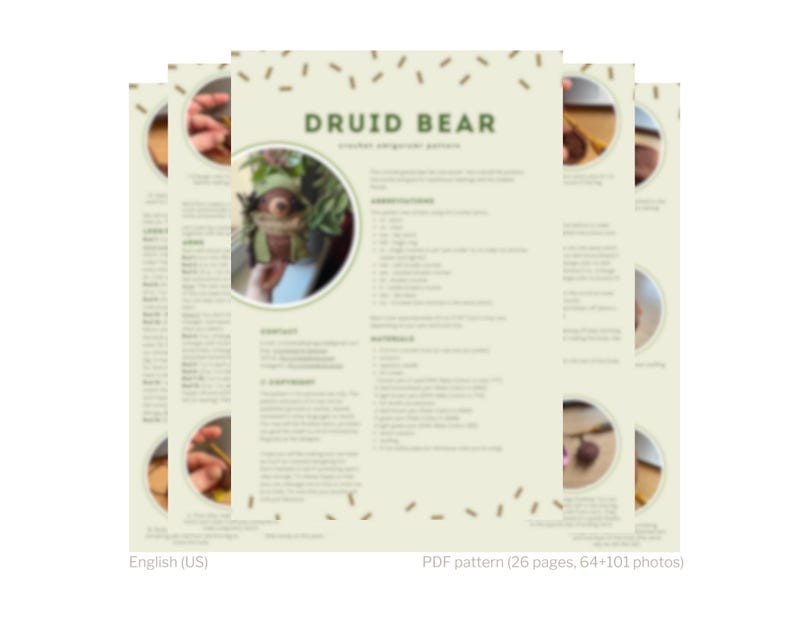 May include: A stack of cream-colored PDF pattern pages with the title "DRUID BEAR" in green text. The pattern includes instructions and photos for a crochet project. The text "English (US)" is at the bottom left.