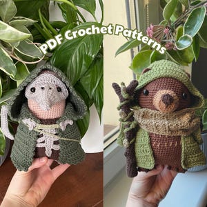 Könnte beinhalten: Zwei gehäkelte Amigurumi-Plüschtiere. Eines ist ein brauner Bär, der einen grünen Umhang mit Kapuze trägt und einen Stock hält. Das andere ist ein grauer und rosa Vogel, der einen grünen Umhang mit Kapuze trägt.  PDF Crochet Patterns.