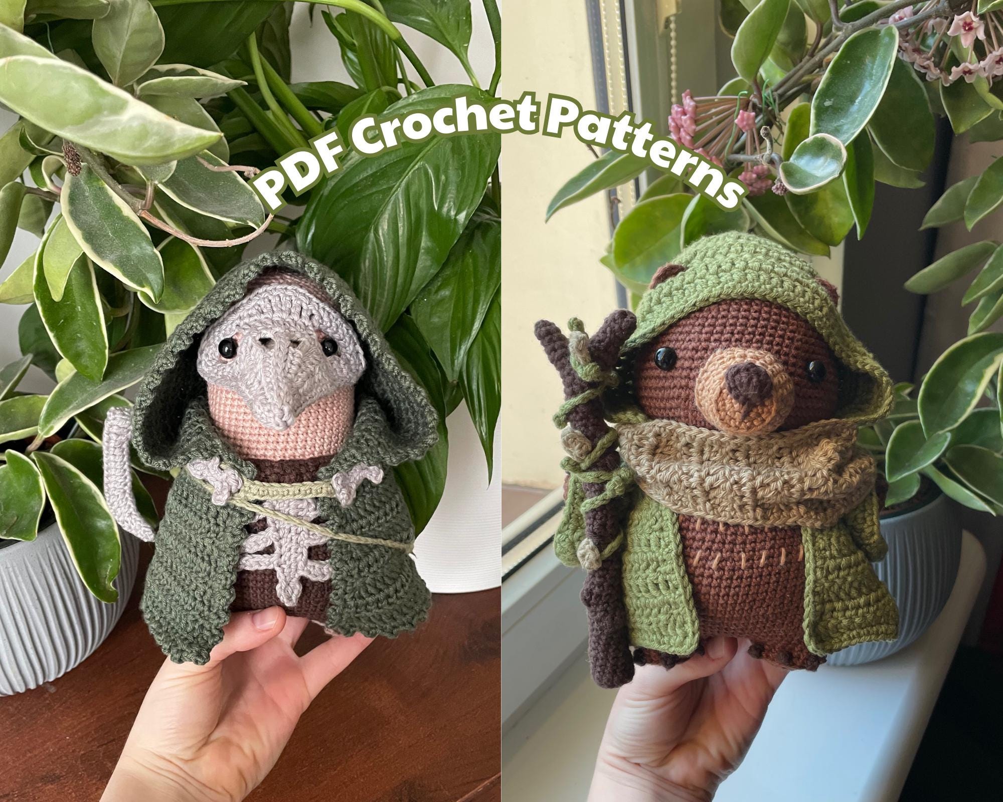 Necromancer Vulture, Druid Bear | PDF Crochet Amigurumi Pattern Bundle | Cute Fantasy Plushie with Removable Costume and Accessories
