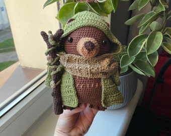 Druid Bear | PDF Crochet Amigurumi Pattern | Fantasy Plushie with Removable Accessories | Hood, Cloak, Scarf, Walking Stick