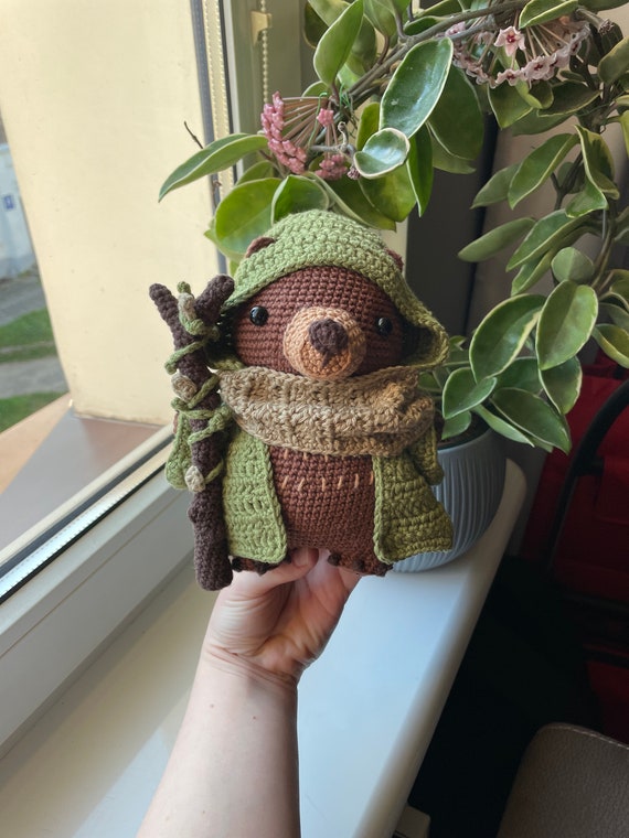 Druid Bear | PDF Crochet Amigurumi Pattern | Fantasy Plushie with Removable Accessories | Hood, Cloak, Scarf, Walking Stick