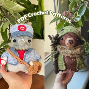 Paloma cartero, oso druida / Paquete de patrones de crochet amigurumi en PDF / Lindo peluche con trabajo y accesorios de disfraz extraíbles