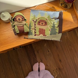K&ouml;nnte beinhalten: Eine handgefertigte H&auml;kelb&auml;renpuppe mit einer gr&uuml;nen Kapuzenjacke und einem Schal, neben einem H&auml;kelwandbehang mit einem B&auml;ren in einer Waldszene. Der Wandbehang ist quadratisch, mit blauem Himmel und gr&uuml;nen B&auml;umen. Die B&auml;renpuppe ist braun und beige.