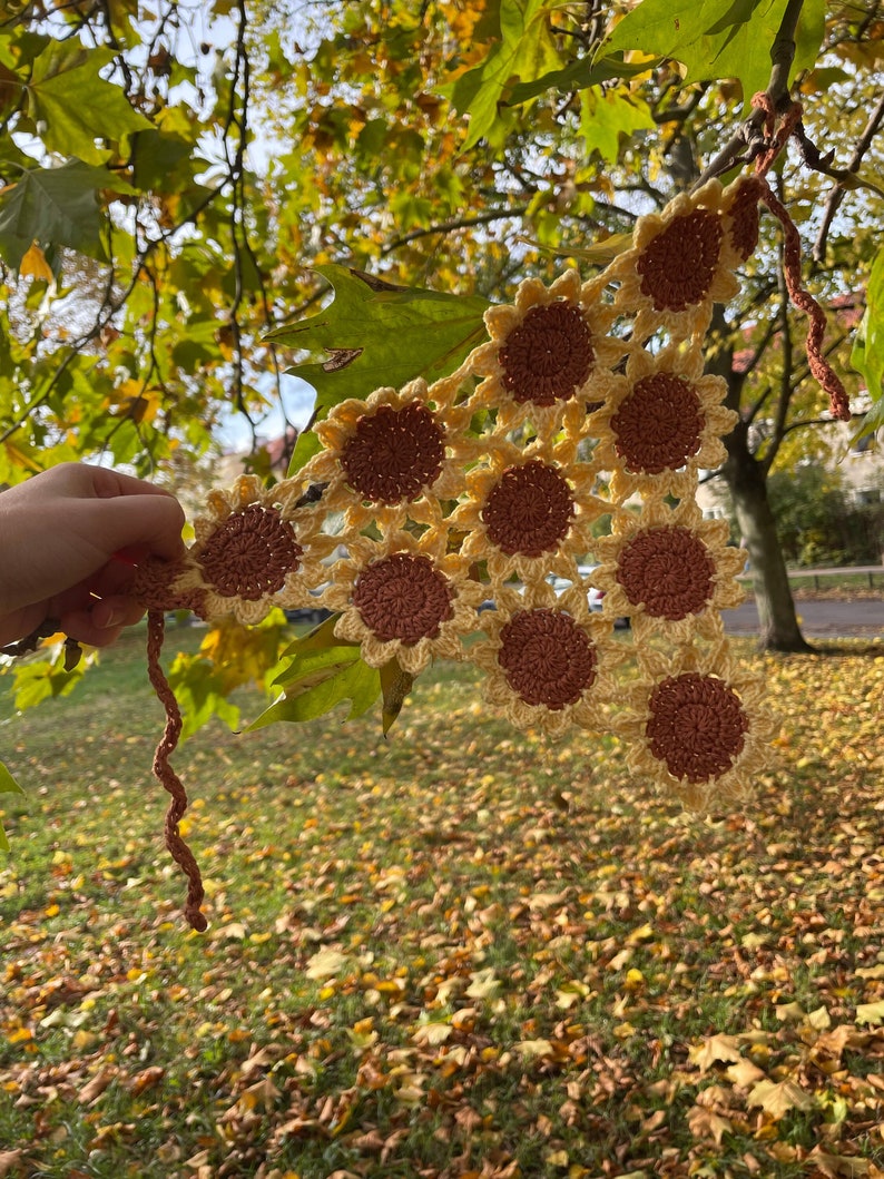 Cottagecore Sunflower Kerchief crochet pattern listing photo by CrochetedByBogusia