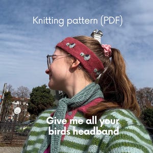 May include: A red knitted headband featuring a repeating pattern of small birds. The text "Knitting pattern (PDF)" and "Give me all your birds headband" is overlaid on the image. The headband is worn around the head, showcasing a textured knit construction.