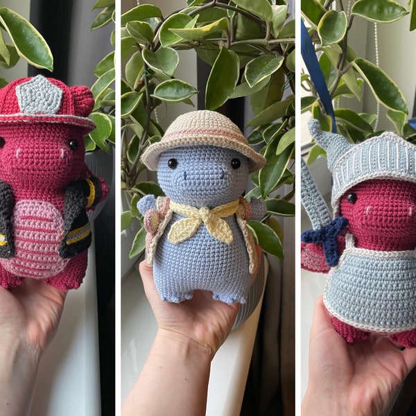 Dragon Knight and Firefighter, Dinosaur Archeologist | 2in1 PDF Crochet Pattern Bundle | Cute Reptile Plushie with Removable Accessories