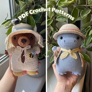 May include: Two crocheted stuffed animals are displayed. One is a brown bear wearing a white outfit and a hat with a bee. The other is a blue creature with a hat, scarf, and backpack. The text "PDF Crochet Patterns" is at the top.