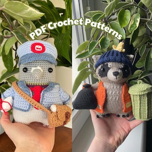 Paloma cartero, mapache sanitario / Paquete de patrones de crochet amigurumi en PDF / Lindo peluche con trabajo y accesorios extraíbles