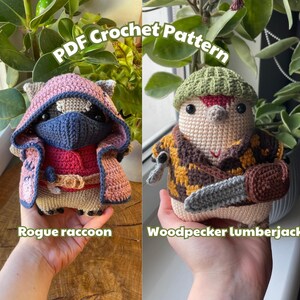 May include: Two crocheted amigurumi toys, a raccoon wearing a red hooded cloak and a woodpecker wearing a lumberjack shirt and holding a small axe. The text "PDF Crochet Pattern" is written above the toys.