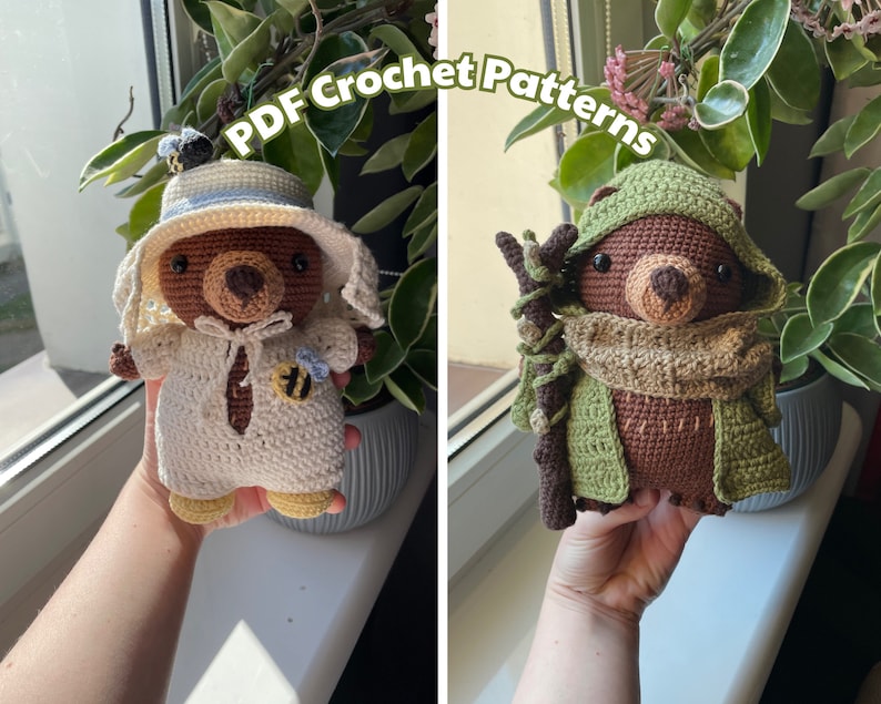Two crochet plushies with a text "PDF Crochet Patterns" over them. It's a grizzly bear plushie in two different outfits - beekeeper and druid.