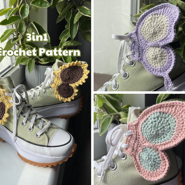 Fee schoenvleugels | 3in1 PDF-haakpatroon | Basis-, vlinder- en zonnebloemversies | Fairycore Cottagecore accessoire voor schoenen