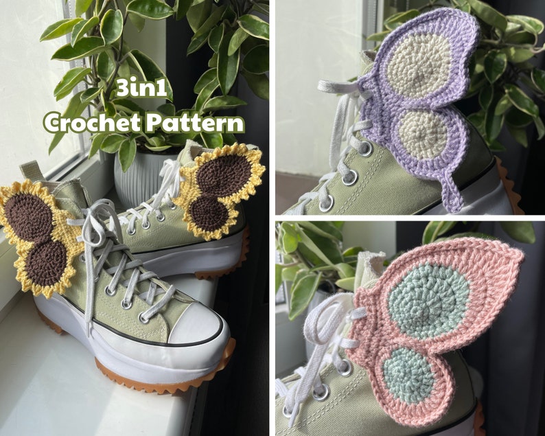 Fairy Shoe Wings 3in1 PDF Crochet Pattern Basic, Butterfly and Sunflower versions Fairycore Cottagecore Accessory for Shoes image 1