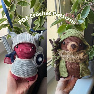 Cavaliere del drago, Orso druido / Pacchetto PDF 2in1 modello Amigurumi all'uncinetto / Simpatico peluche fantasy con accessori rimovibili / Spada, mantello, cappuccio