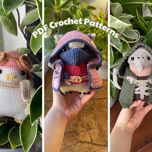 May include: Three crocheted amigurumi figures are shown against a backdrop of green foliage. The figures include a penguin wearing a pilot's hat, a character in a hooded cloak and mask, and a bird-like figure in a green cloak. The text "PDF Crochet Patterns" is visible.