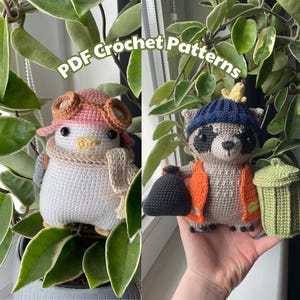 Puede incluir: Patrones de crochet para un pingüino con un gorro rosa y gafas y un mapache con un gorro azul y sosteniendo un cubo de basura. Los patrones están disponibles en PDF.