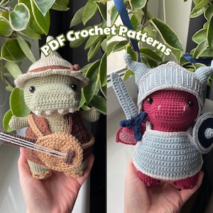 May include: Two crocheted amigurumi toys, a green dragon with a lute and a red dragon wearing armor and holding a sword.  PDF Crochet Patterns.