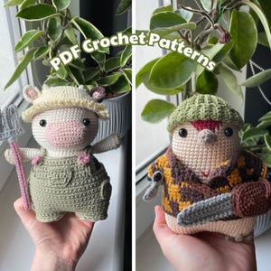 May include: Two crocheted amigurumi toys. The first is a white cow with a pink nose and green overalls holding a brown and grey rake. The second is a brown and beige creature with a green hat and a brown and yellow plaid shirt holding a brown and grey knife. The text "PDF Crochet Patterns" is in the background.