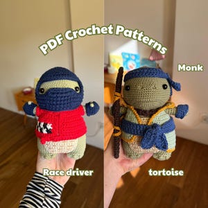 May include: Two crocheted turtle figures, one dressed as a race driver in a red jacket and blue helmet, the other as a monk with a staff. The text "PDF Crochet Patterns" is arched above the figures.