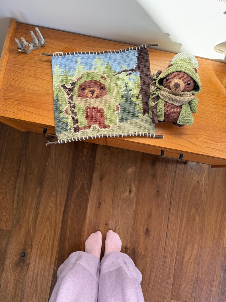 K&ouml;nnte beinhalten: Ein handgefertigter Wandbehang aus H&auml;kelarbeit und ein Stofftier in Form eines B&auml;ren. Der Wandbehang zeigt einen B&auml;ren in einer Waldszene mit blauen, gr&uuml;nen und braunen Farben. Das B&auml;r-Spielzeug tr&auml;gt einen gr&uuml;nen Hut, Schal und Mantel. Die Artikel befinden sich auf einer Holzoberfl&auml;che.