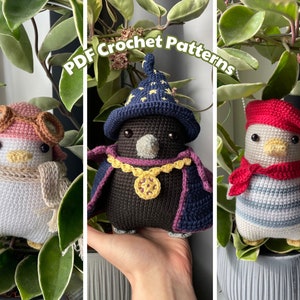 May include: Three crocheted penguin figures, each with unique outfits. One wears a pilot's cap and scarf, another a wizard's hat and cape, and the third a beret and scarf. The text "PDF Crochet Patterns" is visible.