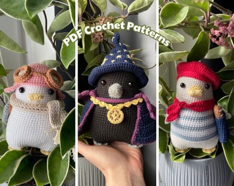 Wizard Crow, Pilot Seagull, French Goose | 3in1 PDF Crochet Amigurumi Pattern Bundle | Bird Plushies with Removable Accessories