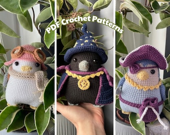 Wizard Crow, Pilot Seagull, Pirate Penguin | 3in1 PDF Crochet Amigurumi Pattern Bundle | Bird Plushie with Removable Accessories
