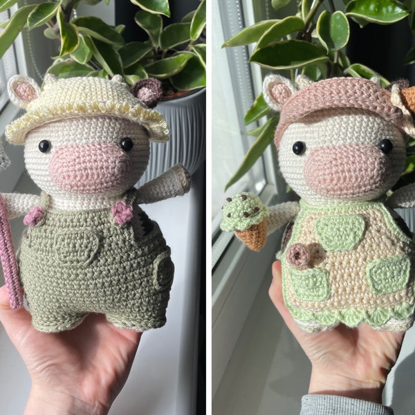 Farmer and Ice Cream Cow | PDF Crochet Amigurumi 2in1 Pattern | Plushie with Removable Accessories | Stuffed Animal Tutorial