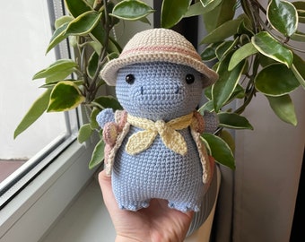 Dinosaur Archeologist | PDF Crochet Amigurumi Pattern | T-rex with Removable Accessories Hat, Vest, Magnifying Glass, Scarf, Backpack