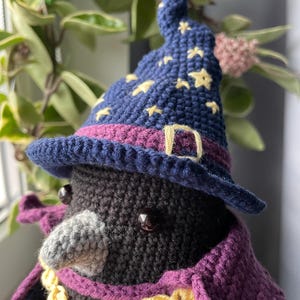 May include: A black crocheted crow wearing a purple and blue wizard hat with yellow stars. The crow is wearing a purple cape and a gold chain around its neck.