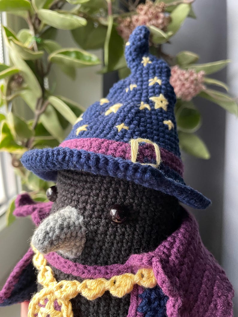 May include: A black crocheted crow wearing a purple and blue wizard hat with yellow stars. The crow is wearing a purple cape and a gold chain around its neck.