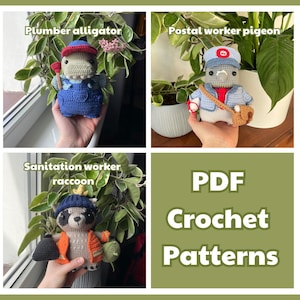 Paloma cartero, caimán fontanero, mapache trabajador sanitario / Paquete de patrones de crochet amigurumi en PDF / Peluche con disfraz extraíble