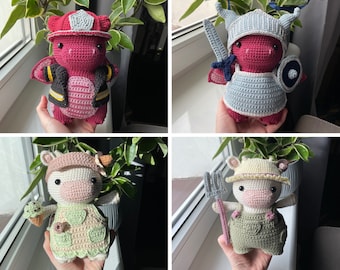 Dragon Knight and Firefighter, Farmer and Ice Cream Cow | 2in1 PDF Crochet Amigurumi Pattern Bundle | Plushie with Removable Accessories